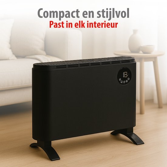 alpina Elektrische Kachel 2000W - Electrische Verwarming Convectorkachel - Heater met Instelbare Thermostaat en 3 Warmtestanden - Vrijstaand of Wandmontage - Zwart