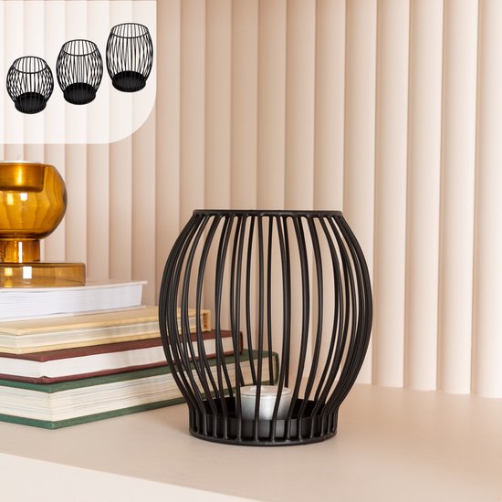 Gadgy Waxinelichthouder Rond - Theelichthouder Klein - Decoratie Woonkamer - Sfeerverlichting Binnen - Kaarsenhouders voor Waxinelichten 14.5x15 cm - Windlicht Metaal - Zwart - Cadeau voor Vrouw