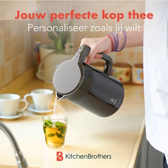 KitchenBrothers Waterkoker - Met Temperatuurregeling - Elektrisch - Kalkfilter - Warmhoudfunctie - Display - Dubbelwandig - Cool-touch - 1,7L - 2200W - Zwart