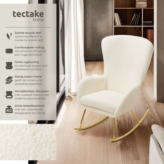 tectake® Swing Schommelstoel – Gestoffeerde Bouclé Fauteuil met Stalen Glijders en Extra Dik Zitkussen – Scandinavisch Design, Onderhoudsvriendelijk en Ergonomisch – creme/goud