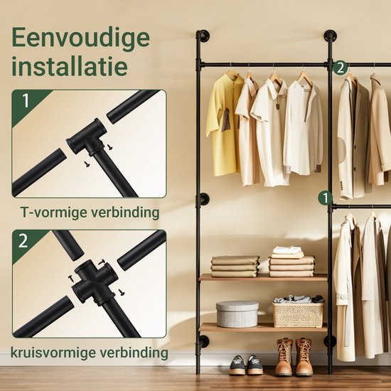 SoBuy wandgemonteerde kledingstang met 4 hangstangen en 4 MDF-planken, open kledingkast, draagvermogen 120 kg voor slaapkamer, 265x48x220 cm, industrieel zwart KLS19-SCH