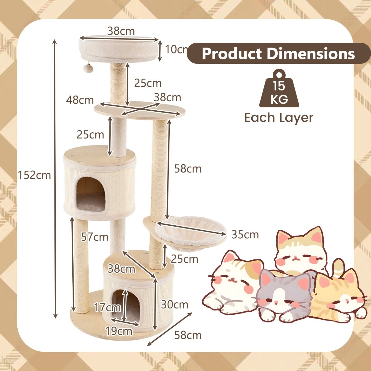 Coast Krabpaal voor katten - 2 kattenhuizen - mand en speelbal - 152 cm - natuur
