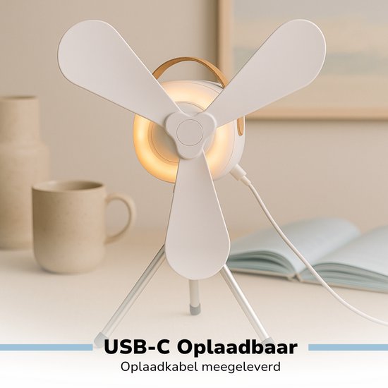 Lifetime Air Tafelventilator - Ventilator USB-C Oplaadbaar - Statief Ventilator met Nachtlampje en Afstandsbediening - Ventilator met Afstandsbediening en 3 Snelheden - Wit