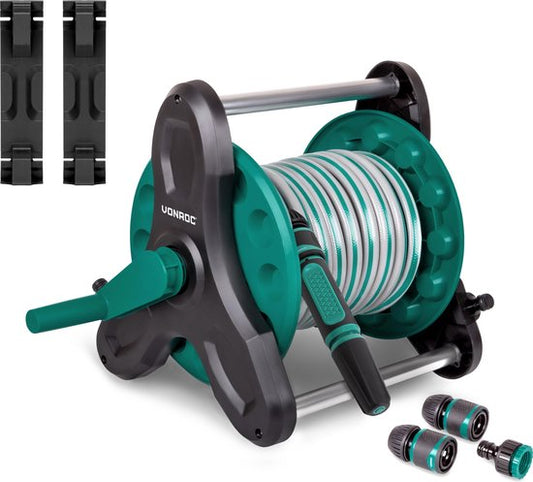 VONROC Slanghaspel set – Incl. 15m tuinslang, spuitstuk, slangkoppelingen, kraanaansluiting