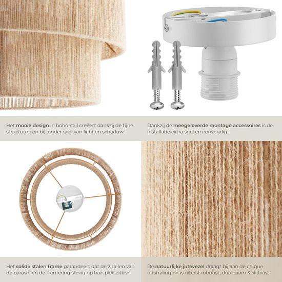 tectake® Plafondlamp Boho stijl- Hanglamp met lampenkap van jute - 40W