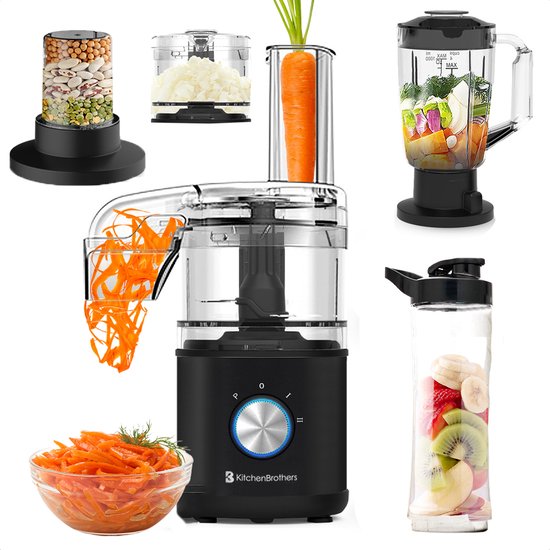 KitchenBrothers Foodprocessor - 5 in 1 Multifunctioneel Model - Hakmolen - Groentesnijder - BPA Vrij - 0,5L - Keukenmachine - Uiensnijder - Zwart