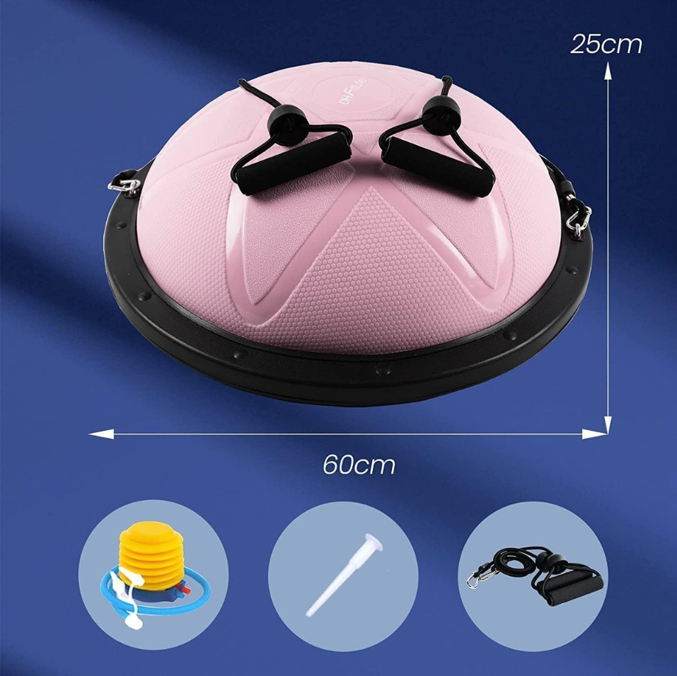 DH FitLife Balansbal – Yoga Balanstrainer Ø60 x 22 cm – Tot 200 kg Belastbaar – Halve Gymbal / Fitness Balance Board – Inclusief Pomp & 2 Fitnessbanden – Roze