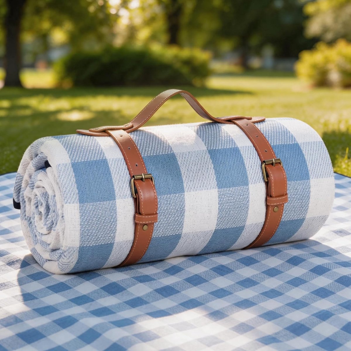 Picknickkleed XXL met waterdichte onderkant - 200 x 200 cm - Lederen handvat - Hemelsblauw/wit