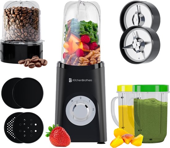 KitchenBrothers Smoothieblender – Incl. 4 Bekers & 2 Mesjes – 350 W – 14 x 14 x 30 cm – Zwart