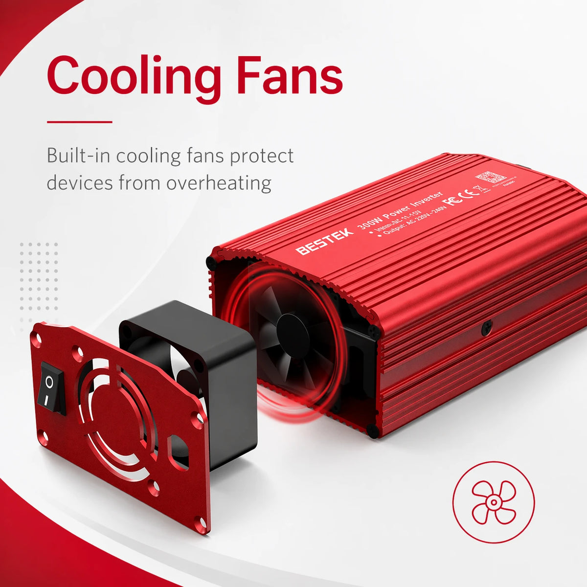 BESTEK 300W Omvormer 12V naar 230V – 2 USB-poorten & Stopcontact – Voor Auto, Camper en Onderweg – Rood
