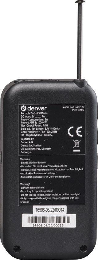 Denver DAB-radio - Draagbare radio - Batterijen u0026 Netstroom - 60 voorkeuzezenders - Reiswekker - DAH126 - Zwart