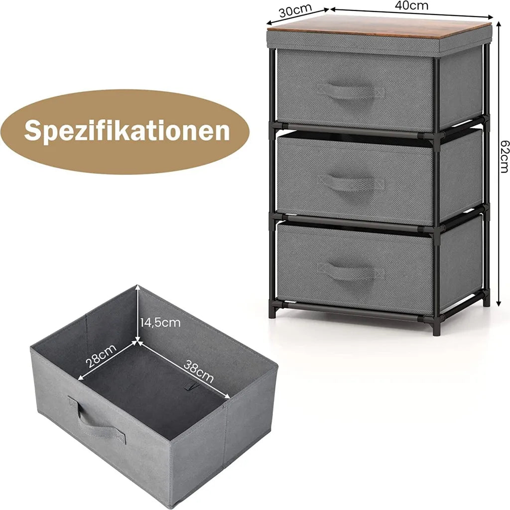Nachtkastje met Stoffen Laden Bijzettafel met Metalen Frame Opbergkast Stoffen Commode voor Slaapkamer Woonkamer Hal (Grijs)