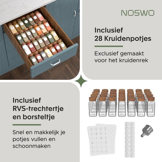 Noswo Kruidenrek Lade met 28 Potjes - Complete Set - Vierkant - Strooideksel en Labels - Kruiden Organizer - Keukenlade Organiser - Acacia