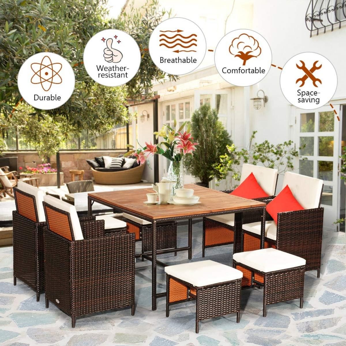 9-Delige Polyrotan Tuinset Bruin/Beige – 110 x 110 cm Tafel – Inklapbare Stoelen & Voetenbank – Weerbestendig Rotan met Acaciahout