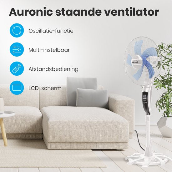 Auronic Statiefventilator - Staande Ventilator met Afstandsbediening - Hoogte Verstelbaar - Roterend - Slaapmodus - Stille Ventilator - Wit