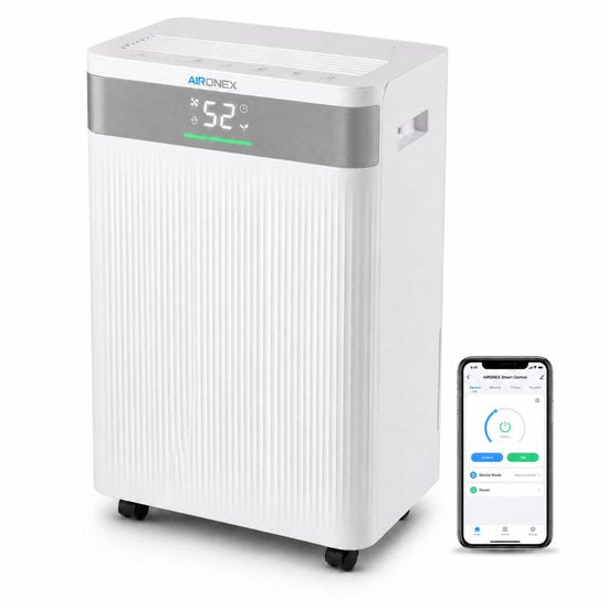 Aironex Luchtontvochtiger 20L per dag – Wasdroogfunctie – Tot 70 m² – Stil – Met App & Ionisator – Voor Kelder, Woonkamer, Slaapkamer & Badkamer – Dehumidifier