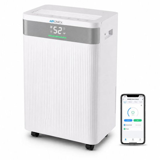 Aironex Luchtontvochtiger 20L per dag – Wasdroogfunctie – Tot 70 m² – Stil – Met App & Ionisator – Voor Kelder, Woonkamer, Slaapkamer & Badkamer – Dehumidifier