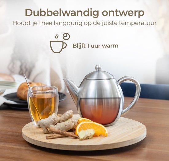 Vaja® Theepot Valerie RVS - Theepot - Theepot met filter - Theekan - Theepot dubbelwandig - Theepot met warmhouder - RVS Theekan - 1,2 Liter
