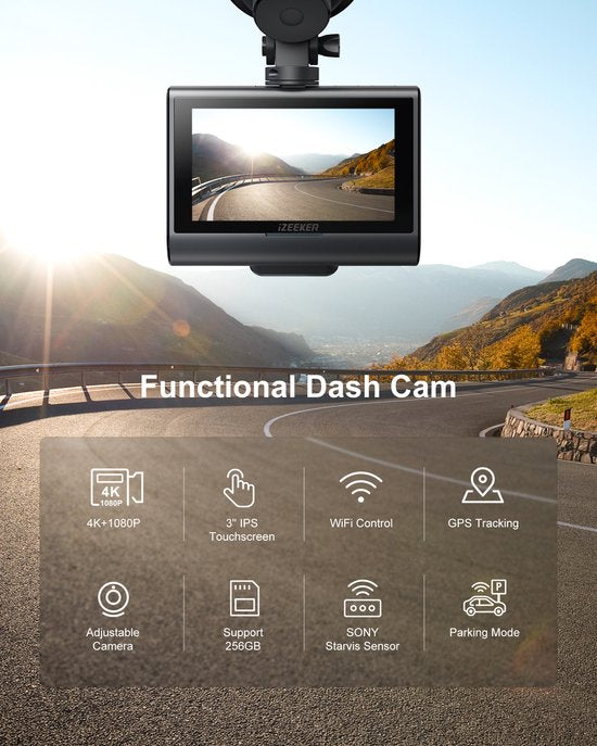 iZEEKER GD850 Dashcam voor auto - 4K & 1080P - Voor en Achter Camera - WiFi en GPS - 3'' IPS Touchscreen - Sony Sensor - Nachtzicht