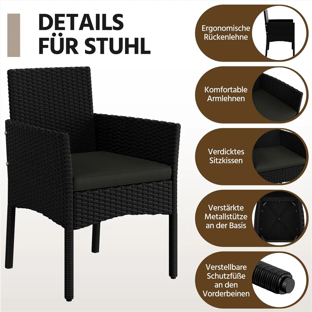 Yaheetech 4-delige Loungeset Tuin - Zwart/Grijs - Polyrattan Tuinmeubelset met 2-zitsbank, 2 Stoelen en Salontafel