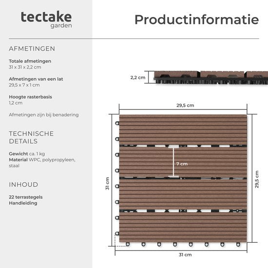 tectake® WPC houten tegels - Houtlook tegels - Weerbestendig - Vloerbedekking voor buiten - Vloertegels - Balkonvloer - Terrastegels met kliksysteem - Afvoer - Set van 22 - Bruin