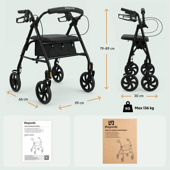 LifeGoods Basic Rollator Lichtgewicht en Opvouwbaar (8,7KG) - Met Zitje en Rugsteun – Voor Binnen en Buiten – Verstelbare Hoogte - Tot 136KG Draagkracht – Zwart