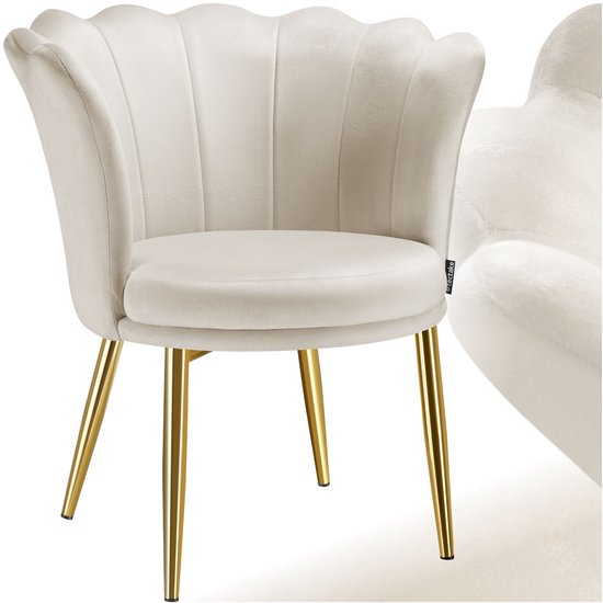 tectake® Fauteuil Stella - Kuipstoel met armleuning – Comfortabele Eetkamerstoel – Keukenstoel – Dikke vulling – Voor woonkamer en eetkamer – Met fluwelen bekleding - crème/goud
