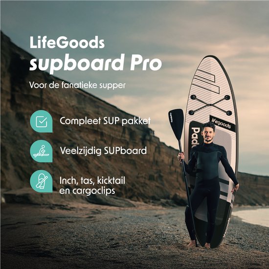 LifeGoods PaddlePro SUP Board Pro - Pro Set - Opblaasbaar Paddle Board - Max. 150KG - 320x81cm - Zwart/Wit