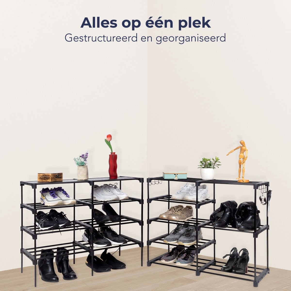 LifeGoods Schoenenrek - 9 Laags - Inclusief Haakjes - Schoenenkast - Opbergsysteem 32 Paar schoenen - Metaal - Zwart