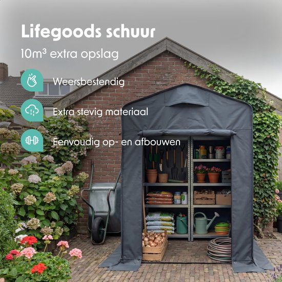 LifeGoods Opvouwbare Tuinschuur - Schuurtent - Opvouwbaar - Fietstent - Tuinberging - Stalen Frame - 220x150cm - Tuinschuur - Grijs