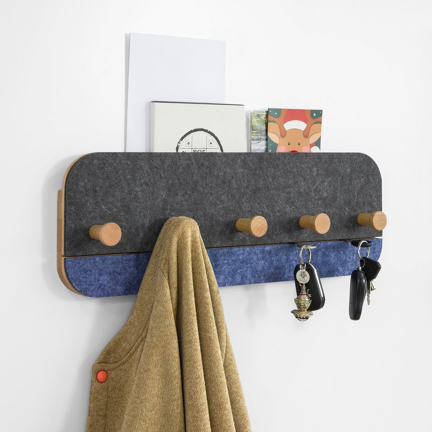 SoBuy Wandkapstok met 5 Haken - Bamboe en Vilt - Kledingrek Hal - 55x19x3cm