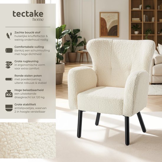 tectake® - Fauteuil Vänersborg - Dik gestoffeerde relaxstoel met bouclé-bekleding - Lounge stoel met brede armleuningen en ergonomische rugleuning - In hoogte vertelbare poten met vloerbescherming - Beige / crème
