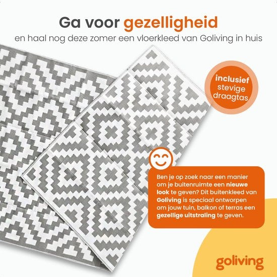 Goliving Buitenkleed Summer Diamond – Tuintapijt – Buitentapijt – Vloerkleed – Tuinkleed – Omkeerbaar – Incl. Draagtas – 183 x 290 cm – Grijs/Wit