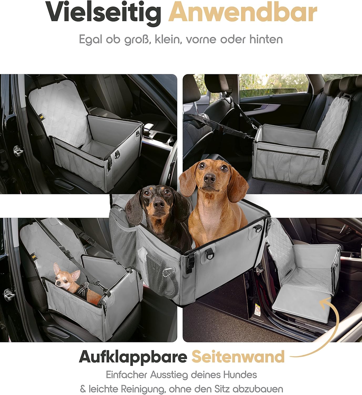 HELDENWERK Hondenautostoel, extra stevig, versterkte wanden, 5 riemen, waterdichte hondenautostoel voor achter- en voorstoel, grijs, standaardmaat