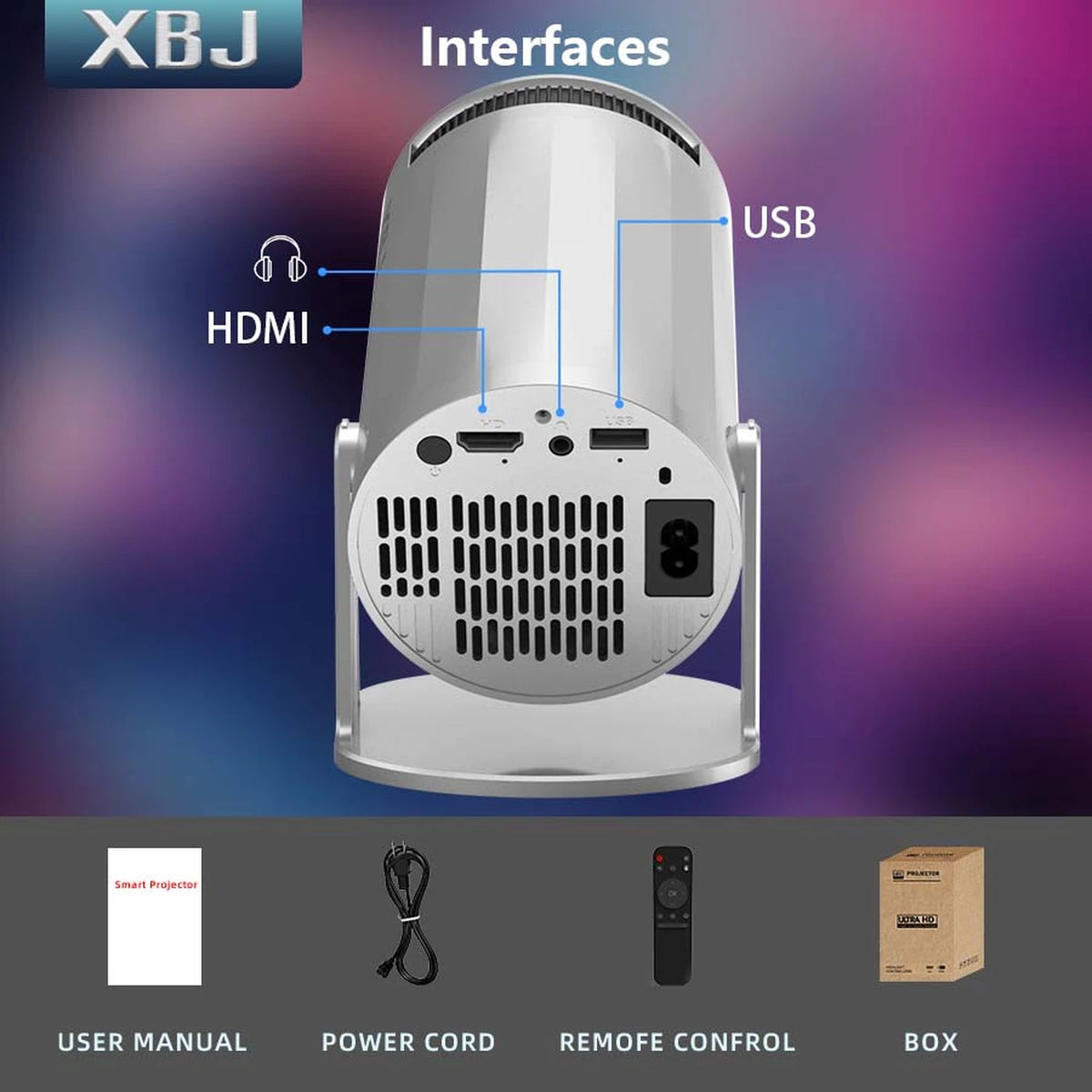 XBJ Draagbare Mini Beamer Zilver 14 x 12 x 21,8 cm - WiFi 6 & Bluetooth 5.2 - Android 11 - 1080P & 4K-decodering - 180° Draaibaar - 200 ANSI Lumen