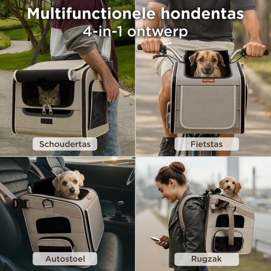 Trevopet® Hondenfietsmand - 4-in-1 Fietsmand Hond, Draagtas, Rugzak & Autostoel - Geschikt voor Elektrische Fiets - Voor Honden tot 8 kg - Grijs
