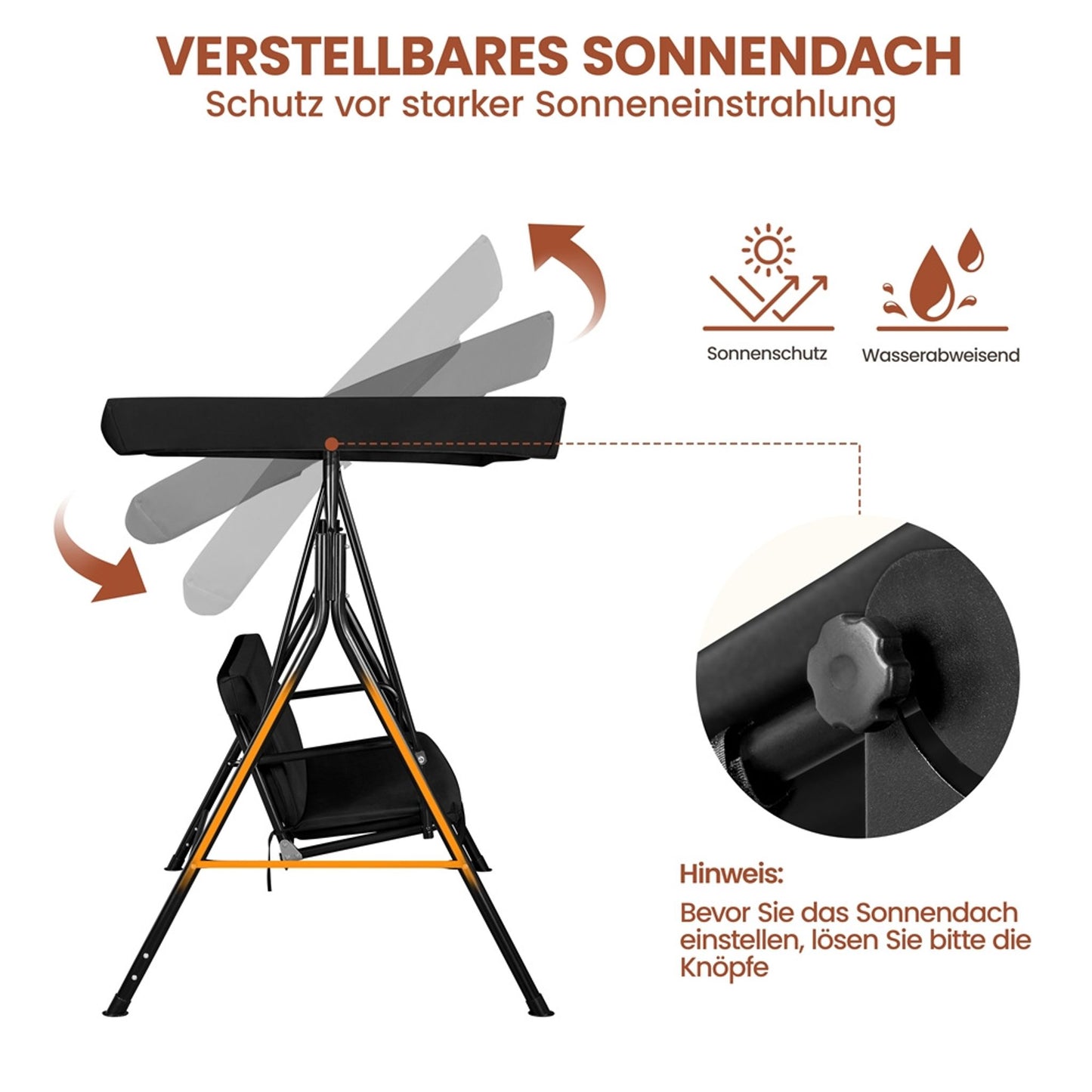 Yaheetech 3-zits Hollywoodschommel met Verstelbaar Zonnescherm - 170 x 112,5 x 162,5 cm - Zwart