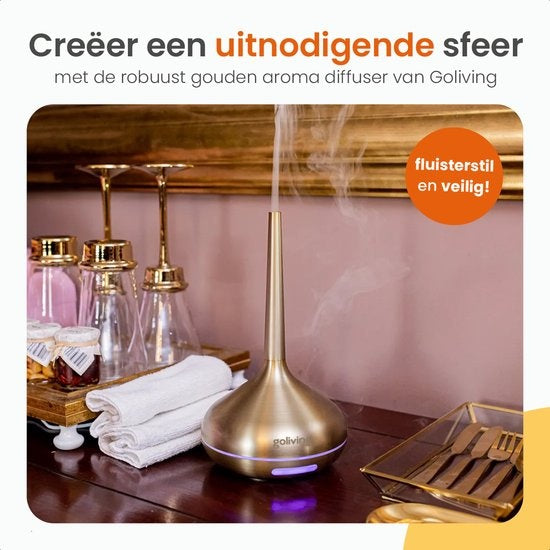 Goliving Aroma Diffuser - Luchtbevochtiger - Aromatherapie - Incl. 2x Etherische Olie - 10 LED kleuren - Geurverspreider - Goud