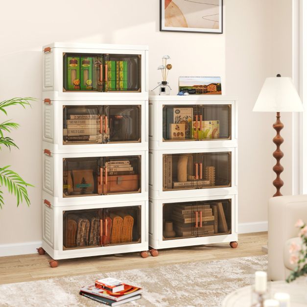 Coast Opbergboxen Wit/Bruin – Opvouwbare Stapelbare Organizer met Deuren en Wielen – 57-156L