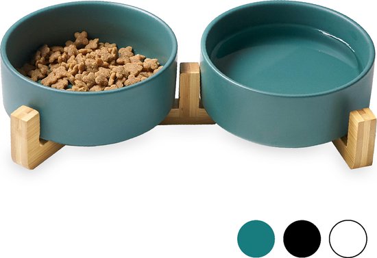 Voerbak Kat en Hond Keramiek - Voerbakken Dubbel met Standaard - Drinkbak - 2x 400 mL - Groen Mat