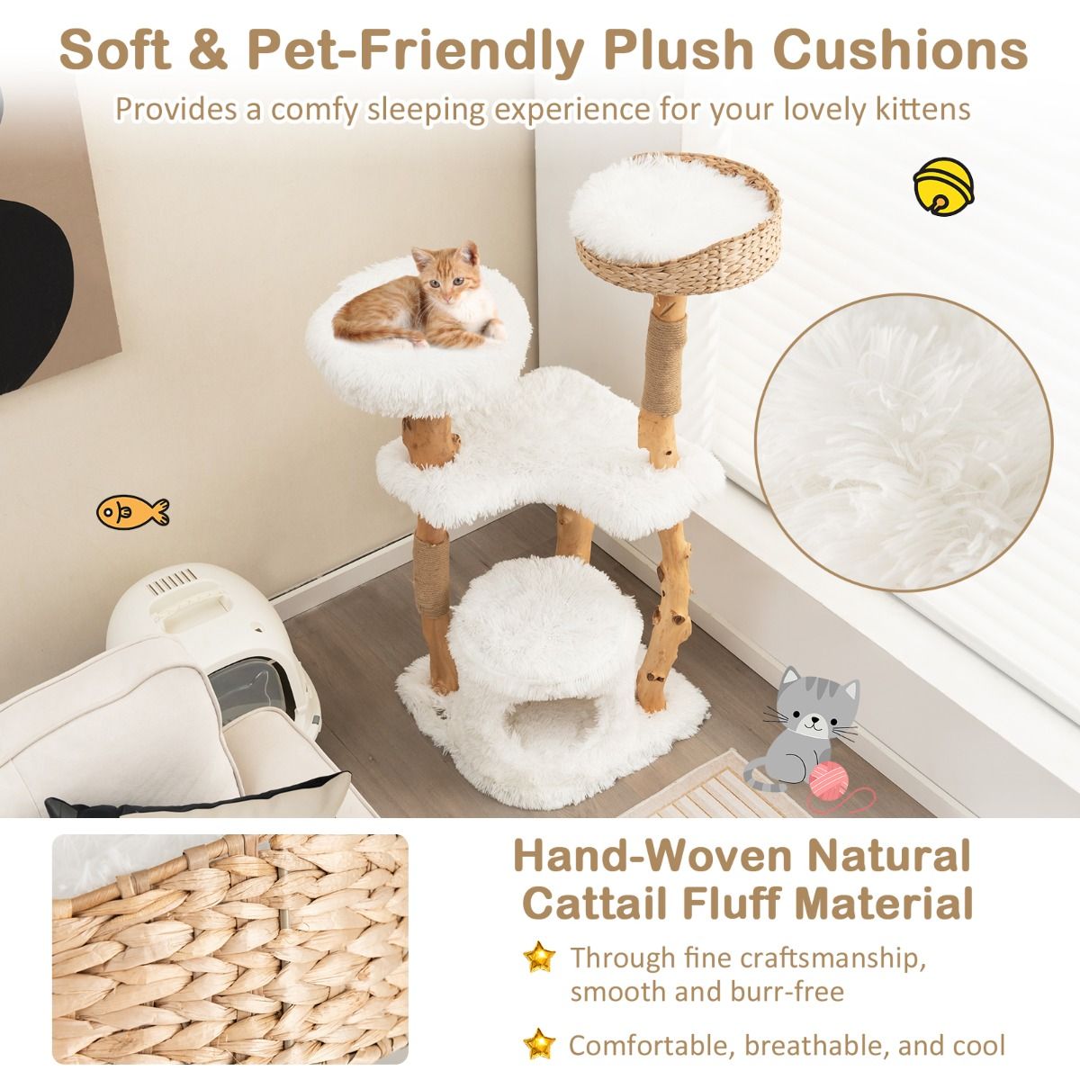 Coast Krabpaal voor Katten - Massief hout en jute - 5 verdiepingen - Naturel en wit - 124 cm