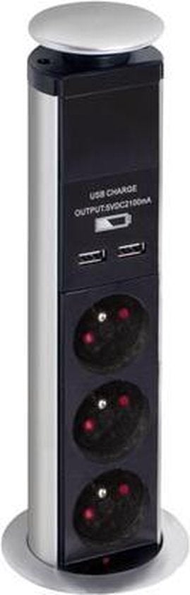 Perel Pop-upstekkerdoos, 3 stopcontacten met randaarde (type F), 2 USB-poorten, montagegat 71 mm, gebruik binnenshuis, zwart/grijs