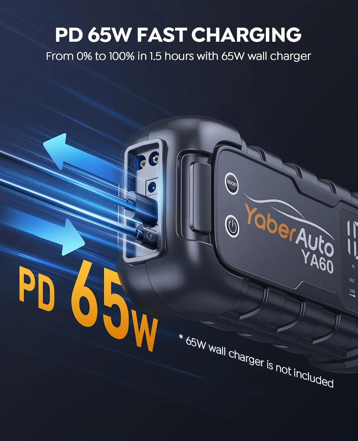 YaberAuto YA60 Jumpstarter 8000A - 26800mAh - 65W Snelladen, LED