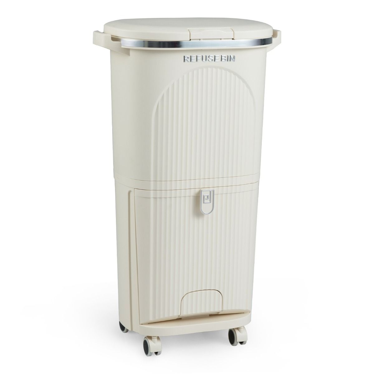 Coast Afvalscheidingsprullenbak op Wielen - 3 Compartimenten - Pedaal en Drukknop - Beige - 38 Liter