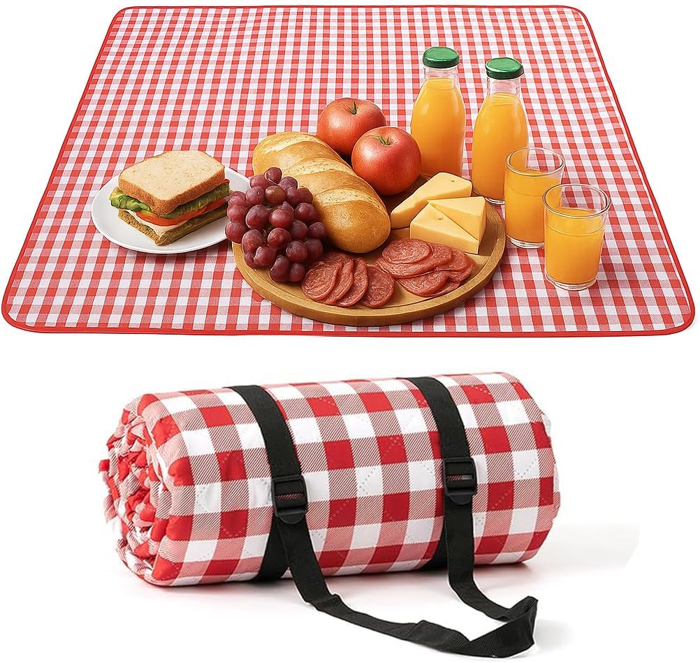 XXL Picknickdeken met waterdichte onderkant - 200 x 200 cm - Met draaggreep - Rood-wit