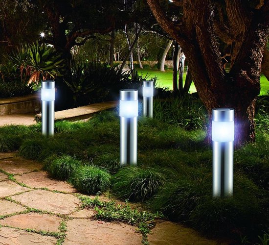 LED Lovers - Solar LED tuinverlichting met grondspiezen - Set van 4 - Padverlichting met lichtsensor - RVS - 8-10 branduren - 27cm