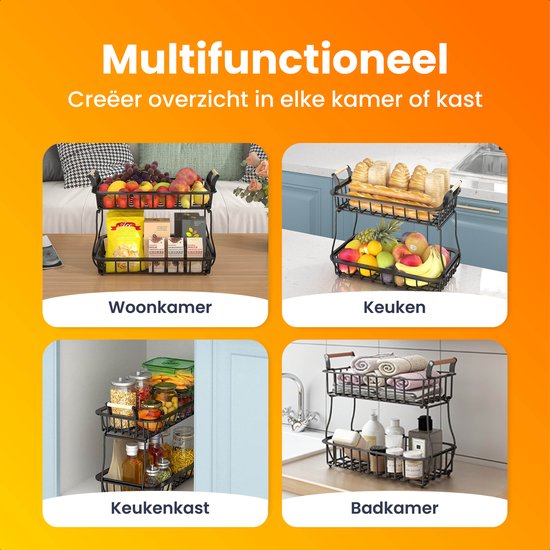 Posity Fruitschaal 2 Laags - Fruitmand - Fruit Etagere - Groentemand - Draadmand - Fruitrek - Hout & Metaal - Zwart
