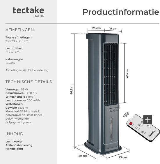 tectake® 4-in-1 Luchtkoeler Alaska - 5L Watertank - 3 Standen - Aircooler - Airco met Zwenkfunctie - Timer - Afstandsbediening - Koelelementen - Luchtbevochtiger - Ventilator - Luchtreiniger - Antraciet