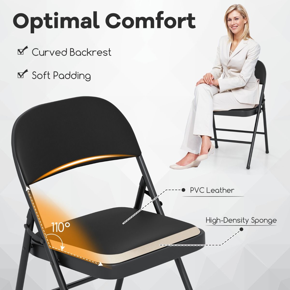 Coast Klapstoelen Set van 2 - metalen frame - kunstlederen bekleding - zwart