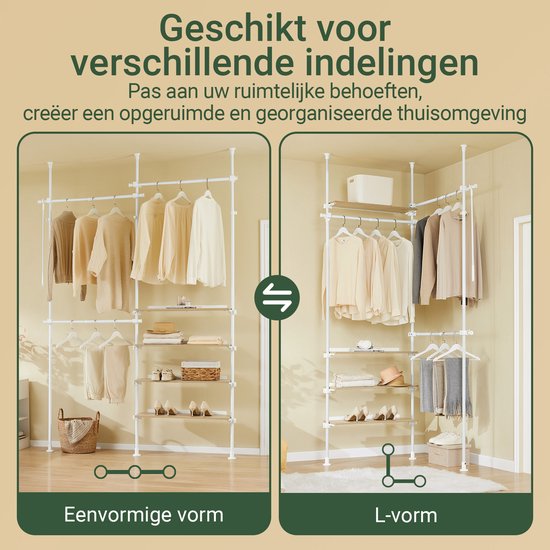 SoBuy Telescopisch kledingrek, robuuste kledingkast, open verstelbare kledingkast met planken en stangen, wit KLS17-WN